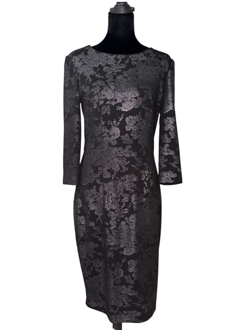 Belle Badgley Mischka Women’s Metallic Black Floral Sheath Dress Size 6
